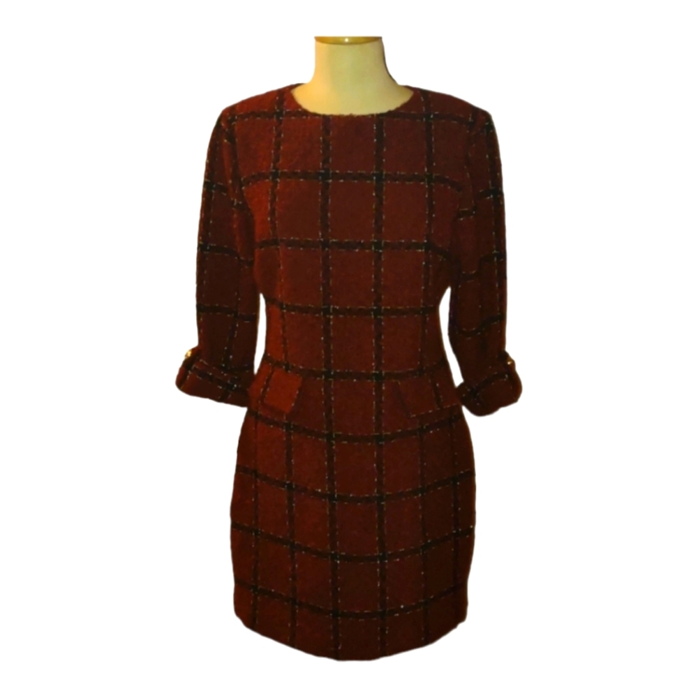 Neiman Marcus Burgundy Boucle Tweed Midi Dress Sz 12